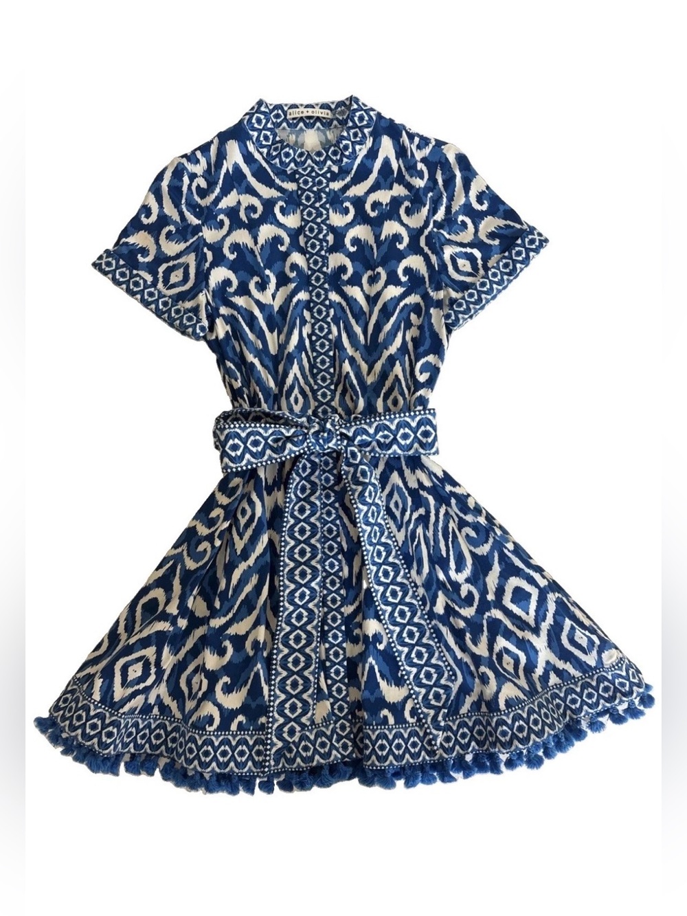 Alice + Olivia Rolled Sleeve Mini Shirt Dress Artisan Ikat French Blue Size 0 - Picture 6 of 16